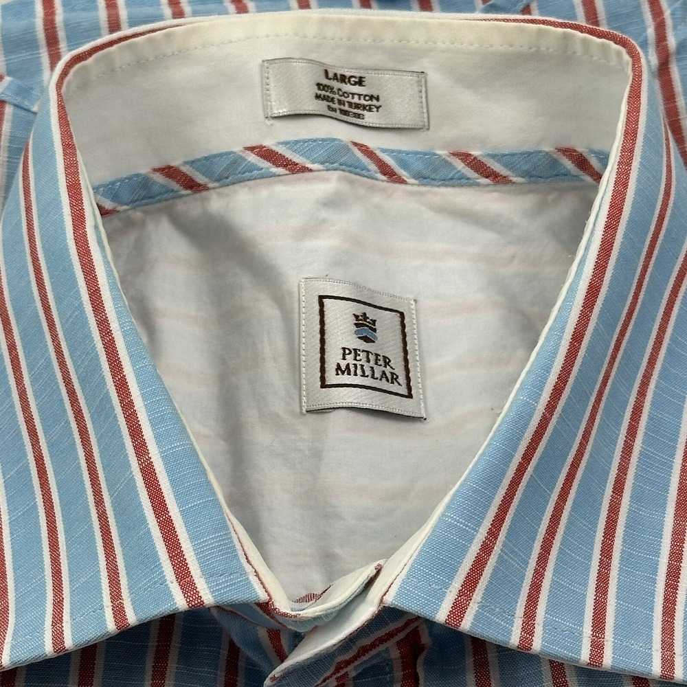 Peter Millar Striped Shirt Large Men Spread Collar Red Blue Turkey Cotton - Picture 5 of 8